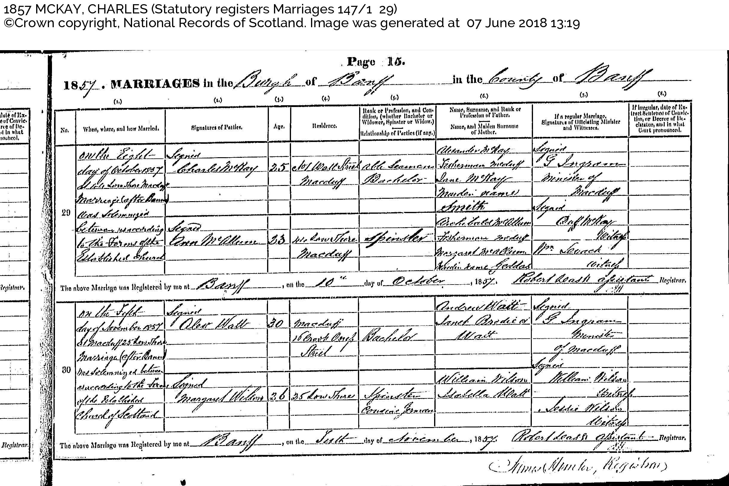 Charles McKay&Ann Mcallum marrage Cert 1857 ScotlandsPeople, October 8, 1857, Linked To: <a href='i3396.html' >Charles McKay</a>